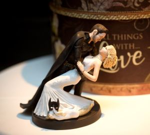 Caped Batman bride dccomics marvel dark knight rises mask stealing cat custom wedding cake topper