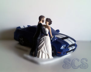 Shelby Ford Mustang bride and groom embrace